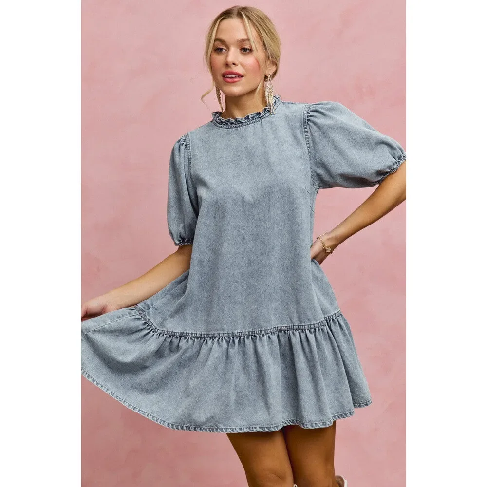 SO ME Denim Short Sleeves Mini Tiered Dress - Picture 14 of 15